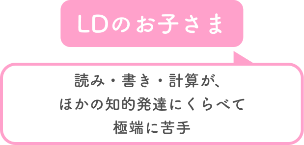 LDのお子さまについて、読み・下記・計算が、ほかの知的発達に比べて極端に苦手...など